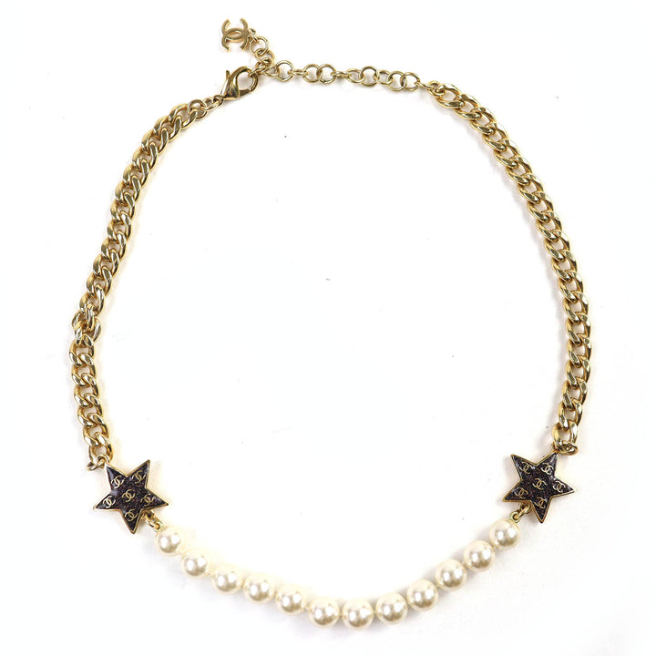 美品△CHANEL シャネル C24C ココマーク スター 星 ラメ パール チョーカー ネックレス アクセサリー ゴールド ホワイト 伊製 レディース