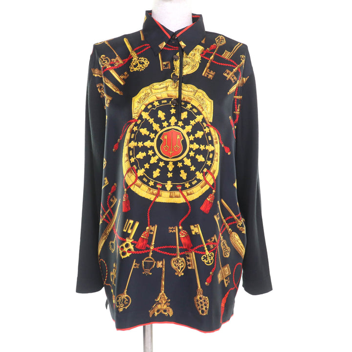 極美品★HERMES エルメス LES CLES THE KEYS RARE シルク カシミヤ混 ツイルレーヌ 長袖ポロシャツ ブラック M 伊製 正規品 レディース