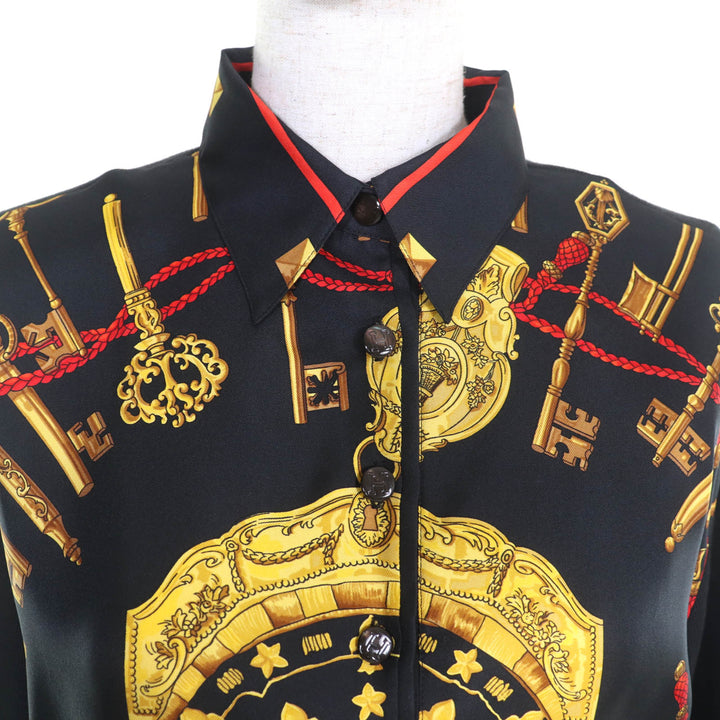 極美品★HERMES エルメス LES CLES THE KEYS RARE シルク カシミヤ混 ツイルレーヌ 長袖ポロシャツ ブラック M 伊製 正規品 レディース