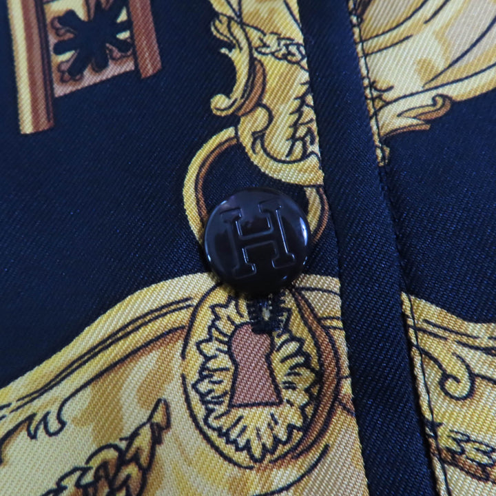 極美品★HERMES エルメス LES CLES THE KEYS RARE シルク カシミヤ混 ツイルレーヌ 長袖ポロシャツ ブラック M 伊製 正規品 レディース