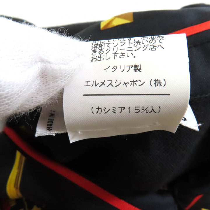 極美品★HERMES エルメス LES CLES THE KEYS RARE シルク カシミヤ混 ツイルレーヌ 長袖ポロシャツ ブラック M 伊製 正規品 レディース