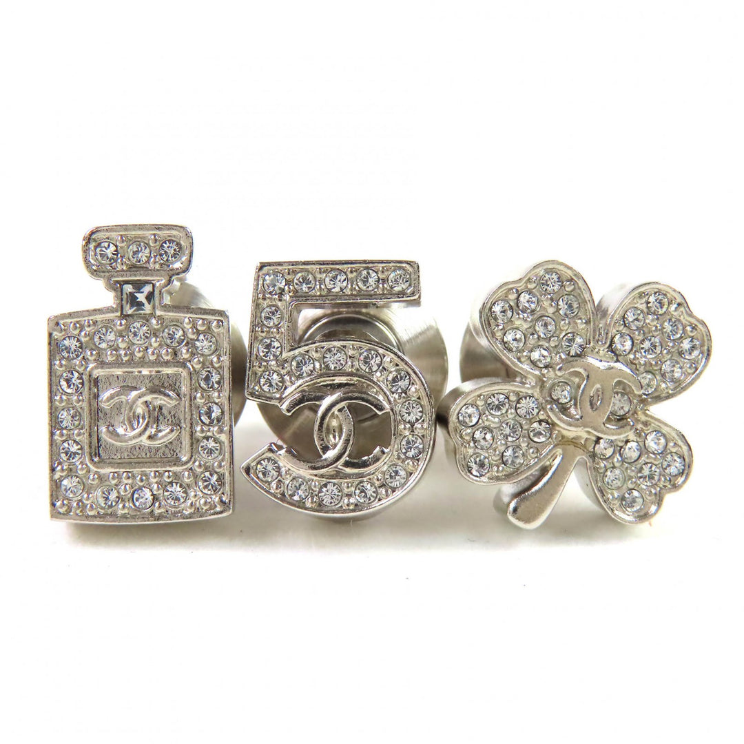 極美品△CHANEL シャネル A22P ココマークアイコン ラインストーン No.5 クローバー ボトル ピンバッチ ブローチ 3個セット シルバー