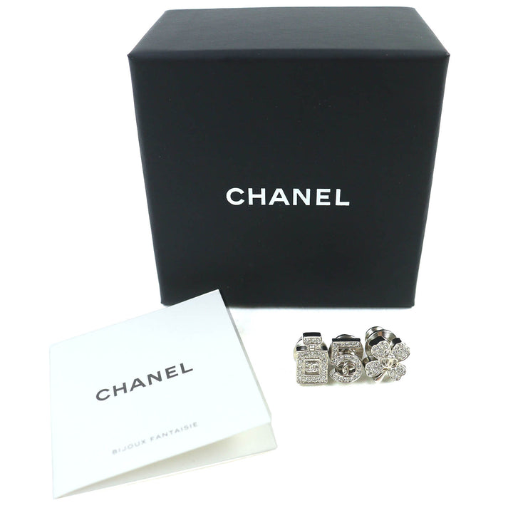 極美品△CHANEL シャネル A22P ココマークアイコン ラインストーン No.5 クローバー ボトル ピンバッチ ブローチ 3個セット シルバー