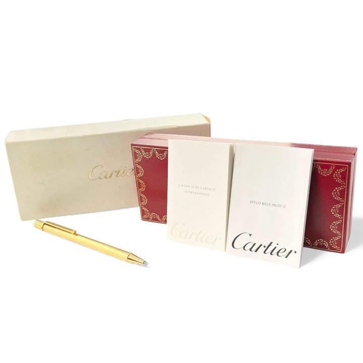 美品▲Cartier カルティエ マスト ドゥ カルティエ ストライプ柄 ツイスト式 ボールペン ゴールド ケース付き フランス製 メンズ