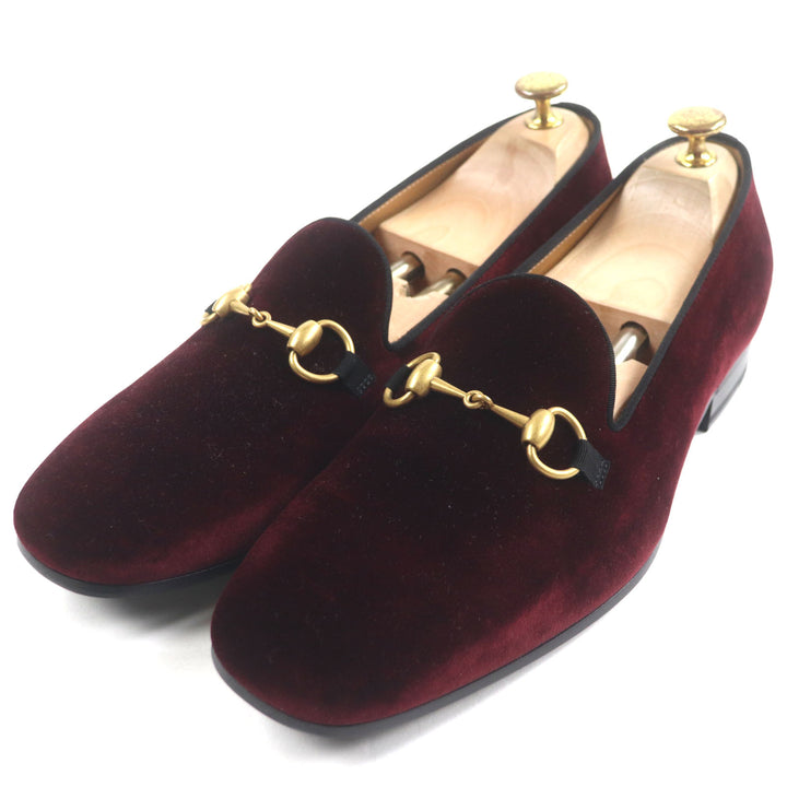 未使用品▼GUCCI グッチ 718888 ベロア ホースビット レザーシューズ ローファー ボルドー ゴールド金具 8.5 箱・保存袋付き 伊製 メンズ
