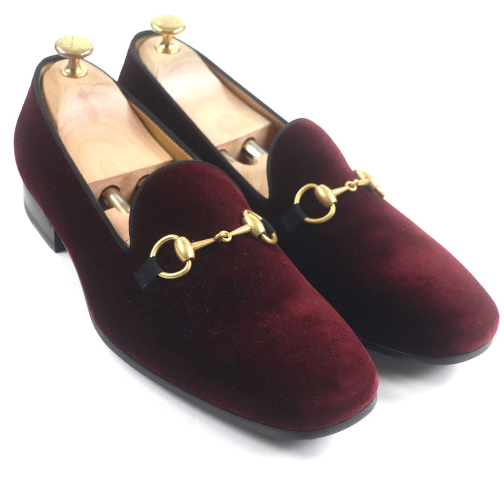 未使用品▼GUCCI グッチ 718888 ベロア ホースビット レザーシューズ ローファー ボルドー ゴールド金具 8.5 箱・保存袋付き 伊製 メンズ