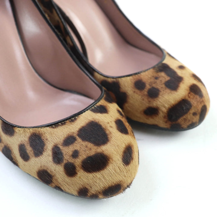 極美品☆GUCCI グッチ 326565 インターロッキングG レオパード柄 ハラコレザー ウェッジソール パンプス ブラウン系 36 伊製 レディース