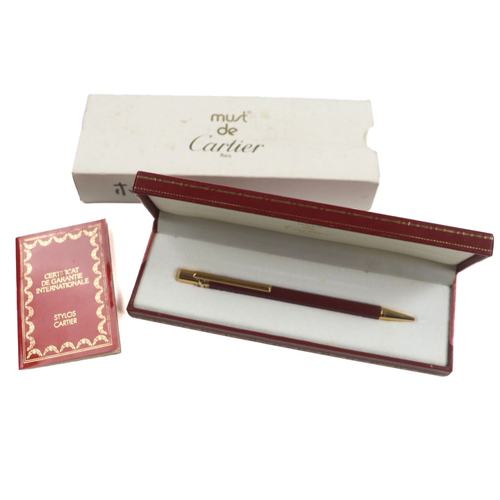美品▼Cartier カルティエ トリニティ ドゥ カルティエ ロゴ刻印入り ツイスト式 ボールペン ボルドー ゴールド ケース付き フランス製