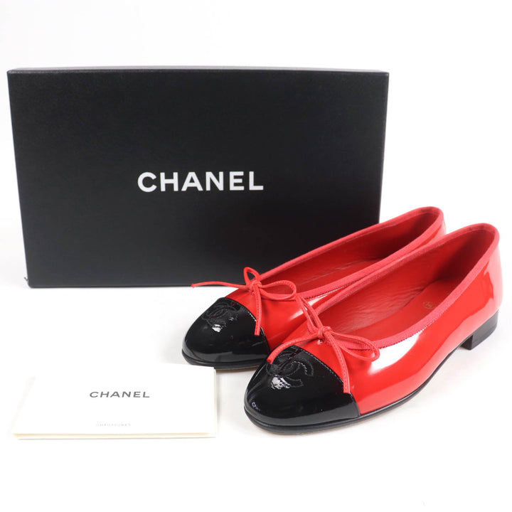 極美品☆CHANEL シャネル G02819 パテントレザー ココマーク バイカラー フラットシューズ バレエシューズ レッド ブラック 36　伊製