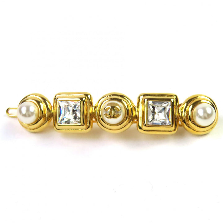 極美品△CHANEL シャネル B20K ココマーク パール ビジュー バレッタ ヘアクリップ ヘアアクセサリー ゴールド 箱 保存袋付き イタリア製