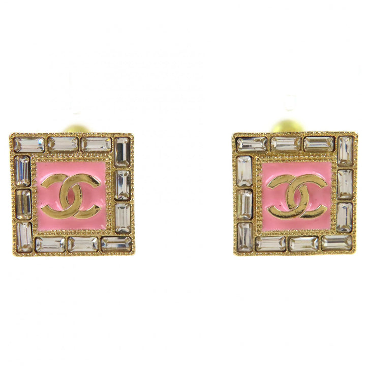 極美品△CHANEL シャネル B24S ココマーク ビジュー スクエア ピアス 両耳用 アクセサリー ゴールド ピンク イタリア製 レディース