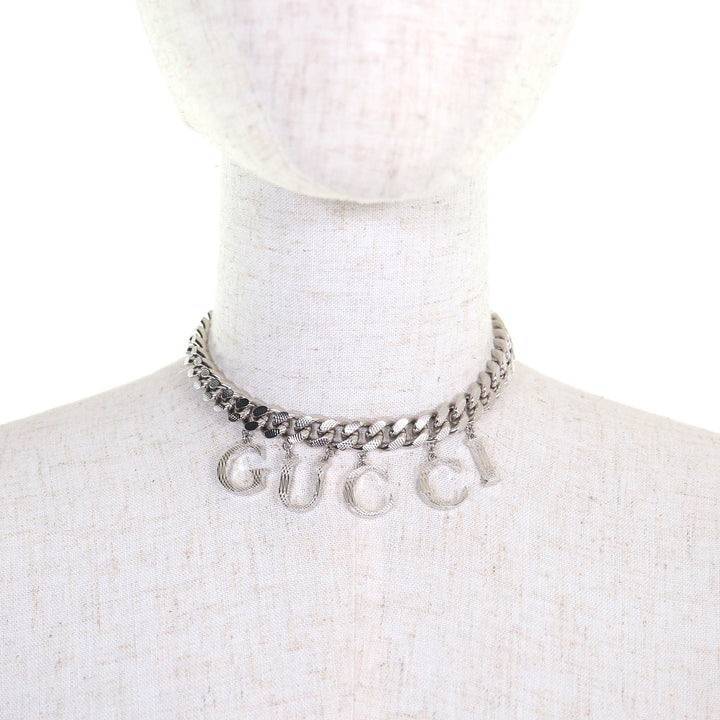 美品△GUCCI グッチ 675769 スクリプトロゴ チョーカー インターロッキングG ネックレス アクセサリー 現行品 シルバー 伊製 定価143000