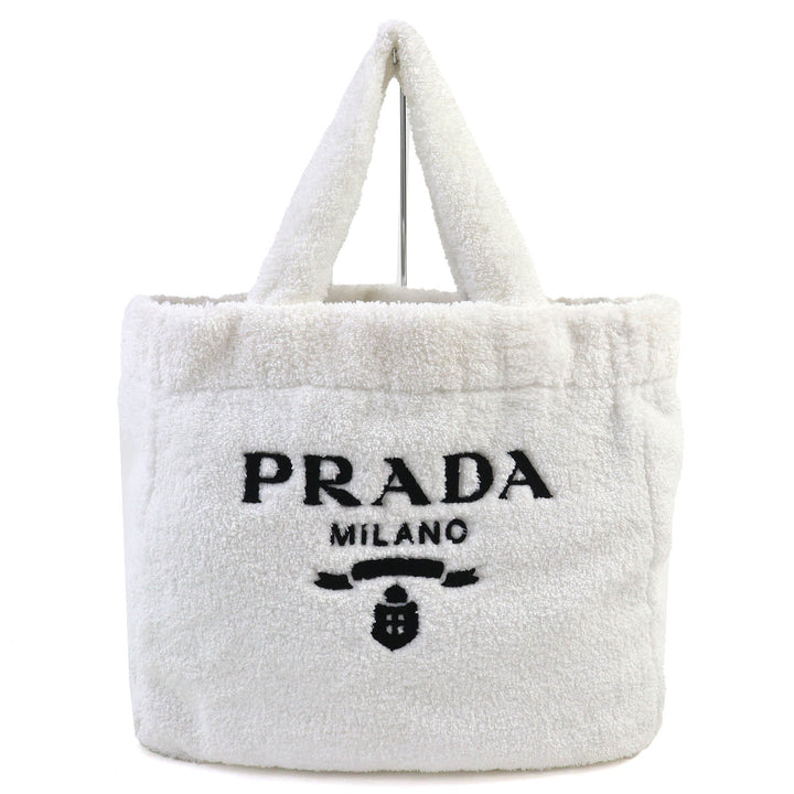 美品△PRADA プラダ 1BG130 SPUGNA スプーニャ トライアングルロゴ ソフトテリー レタリング ロゴ パイル トートバッグ ホワイト 袋付き