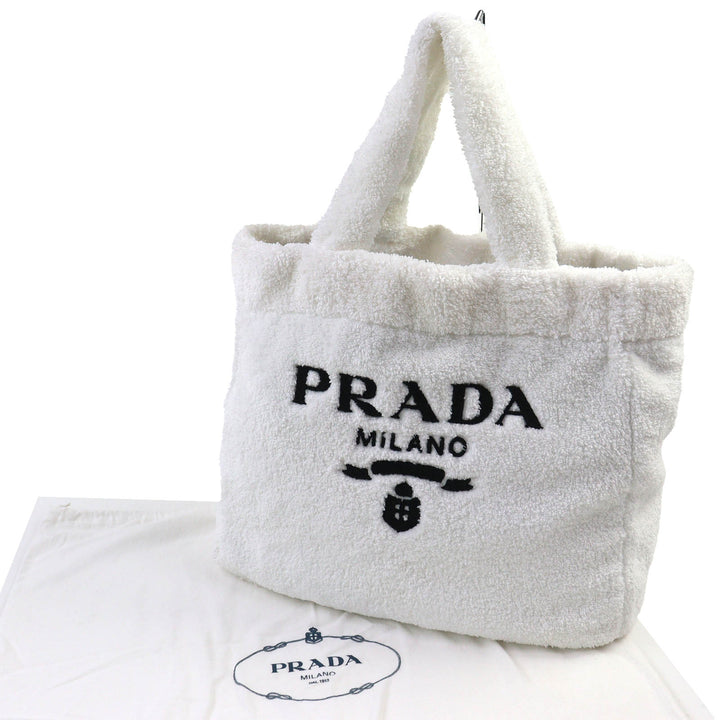美品△PRADA プラダ 1BG130 SPUGNA スプーニャ トライアングルロゴ ソフトテリー レタリング ロゴ パイル トートバッグ ホワイト 袋付き