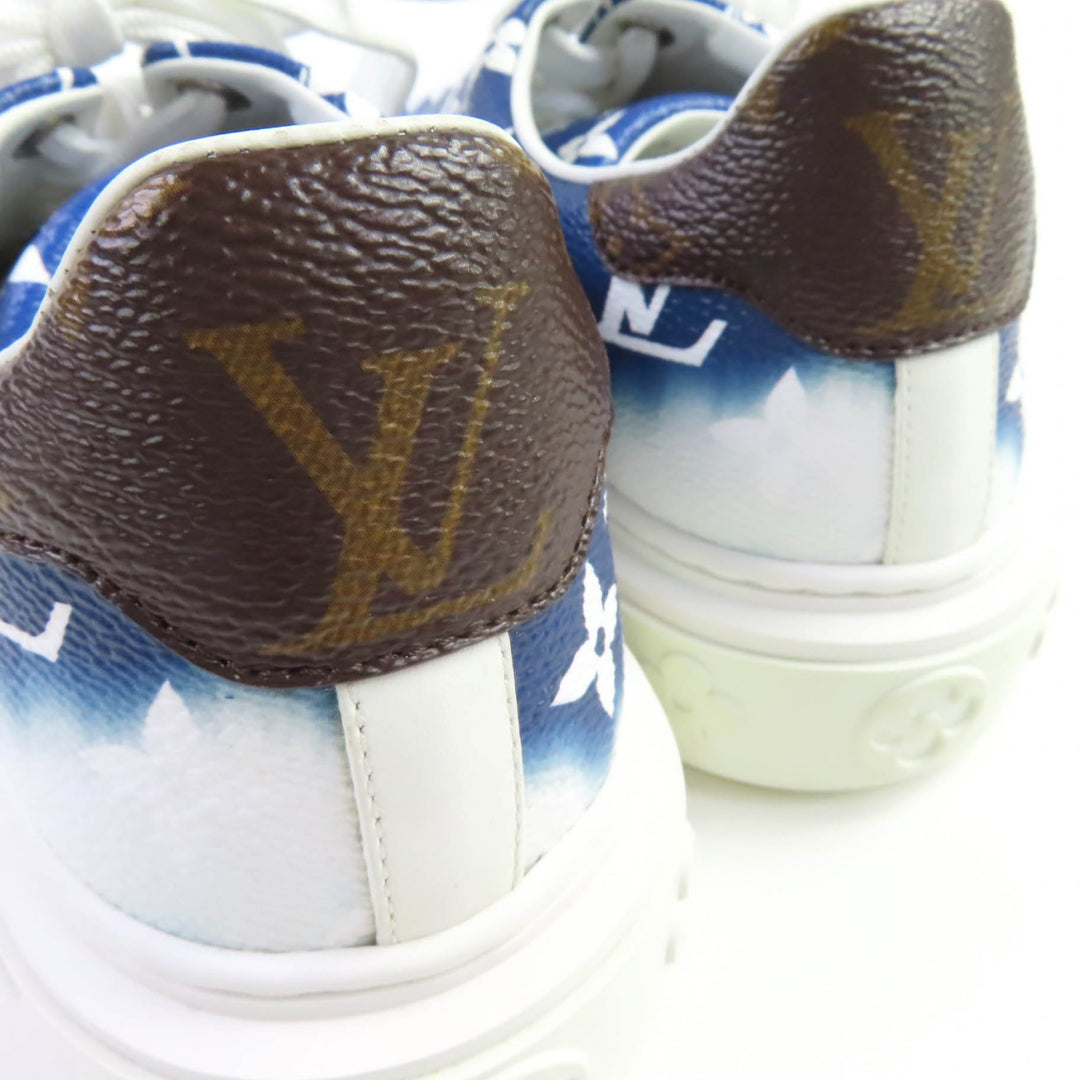 美品◇LOUIS VUITTON ルイヴィトン タイムアウトライン LVエスカル モノグラム レザー スニーカー 青 34.5 イタリア製 レディース