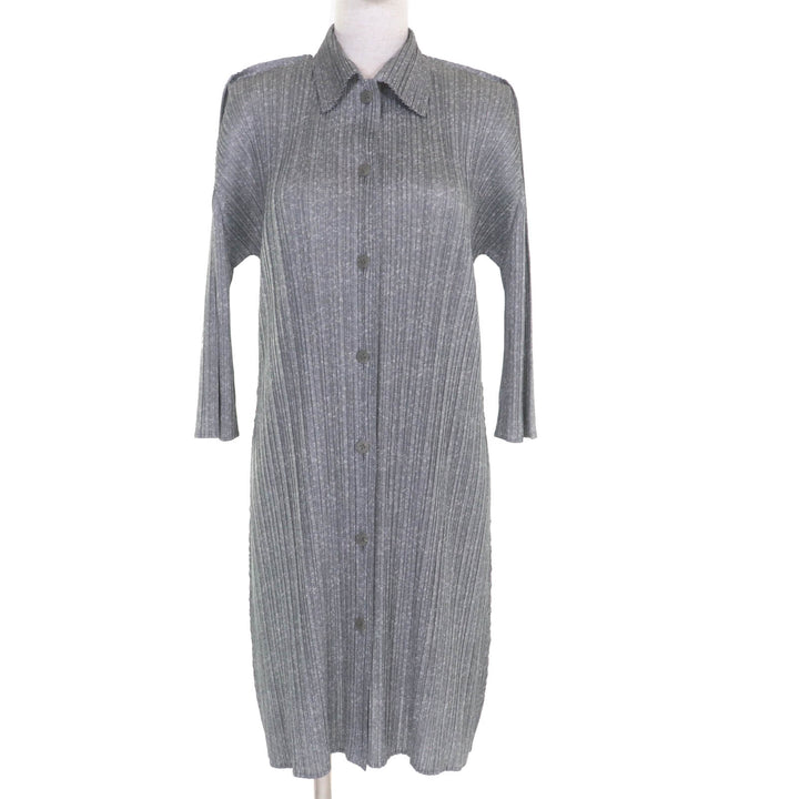 極美品◇PLEATS PLEASE プリーツプリーズ イッセイミヤケ PP01-JT108 ひざ丈 長袖シャツ ワンピース グレー 3 日本製 正規品 レディース