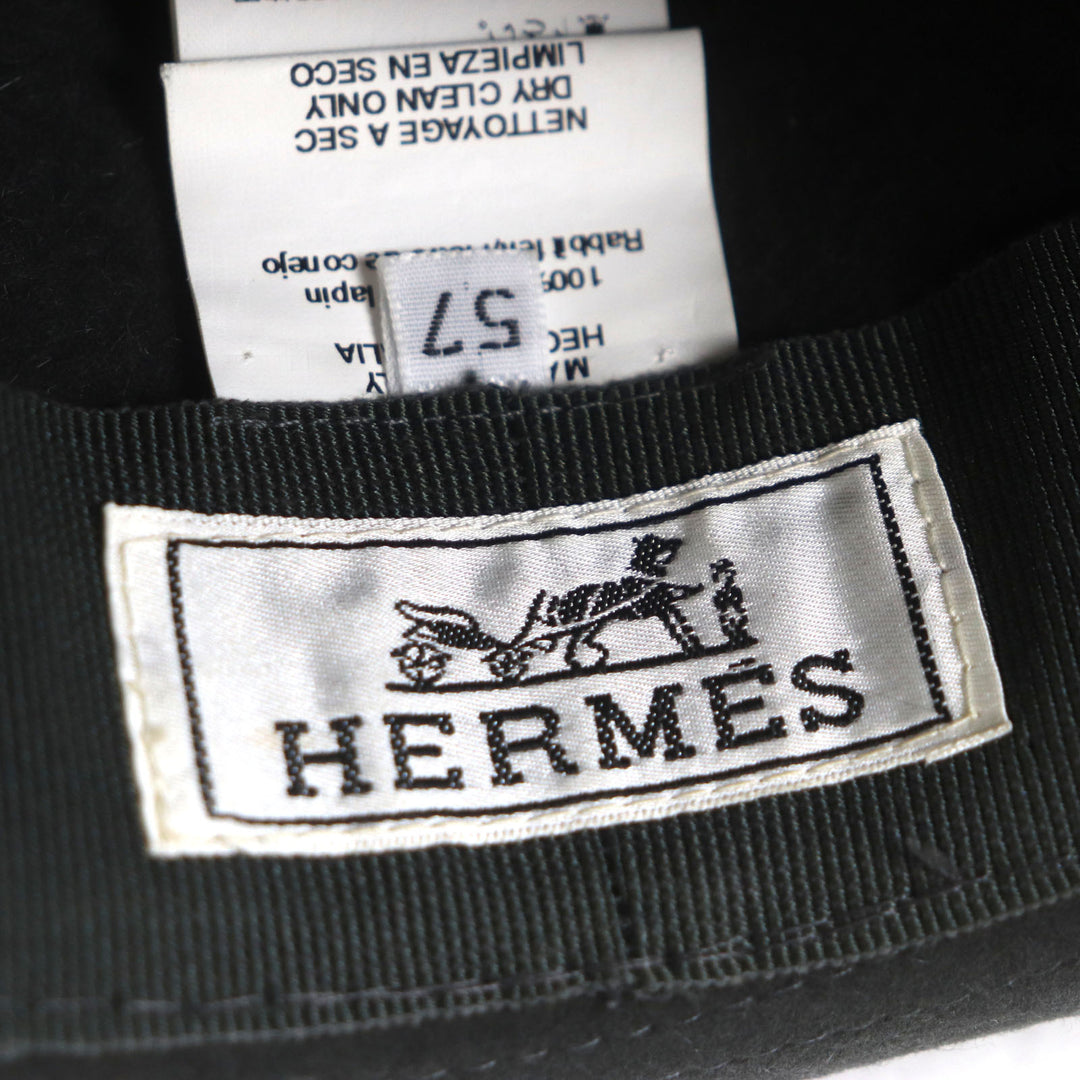 美品▼HERMES エルメス ウール100% ラビットフェルト リボン付き 中折れ帽子 ハット ダークグレー 57 イタリア製 正規品 メンズ