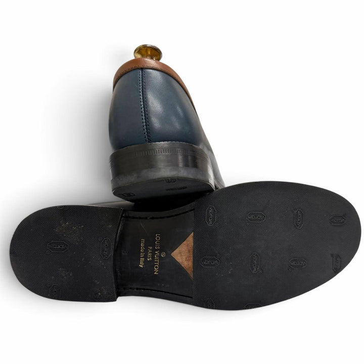【ドンドン見直し】美品□LOUIS VUITTON ルイヴィトン ソルボンヌ・ライン レザー モノグラム コインローファー ネイビー 8 イタリア製