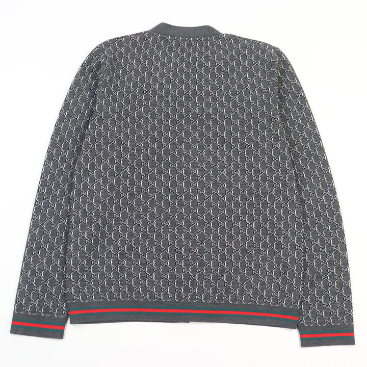 未使用品○GUCCI グッチ 24AW 801702 シルク混 GGジャガード ウェブライン ロゴボタン カーディガン グレー系 S 伊製 正規品 メンズ