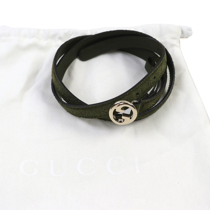 極美品△GUCCI グッチ 768431 インターロッキングGバックル GG柄 スウェードレザー 細ベルト 75・30 カーキ 保存袋付き 伊製 レディース