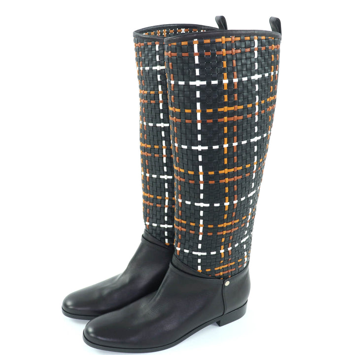 極美品◇HERMES エルメス シルバー金具 セリエボタン 編み込みデザイン レザー ロングブーツ 黒 37.5 保存袋付き イタリア製 レディース
