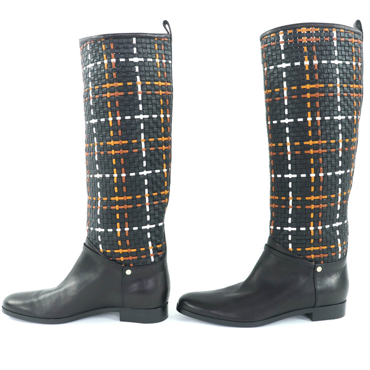 極美品◇HERMES エルメス シルバー金具 セリエボタン 編み込みデザイン レザー ロングブーツ 黒 37.5 保存袋付き イタリア製 レディース