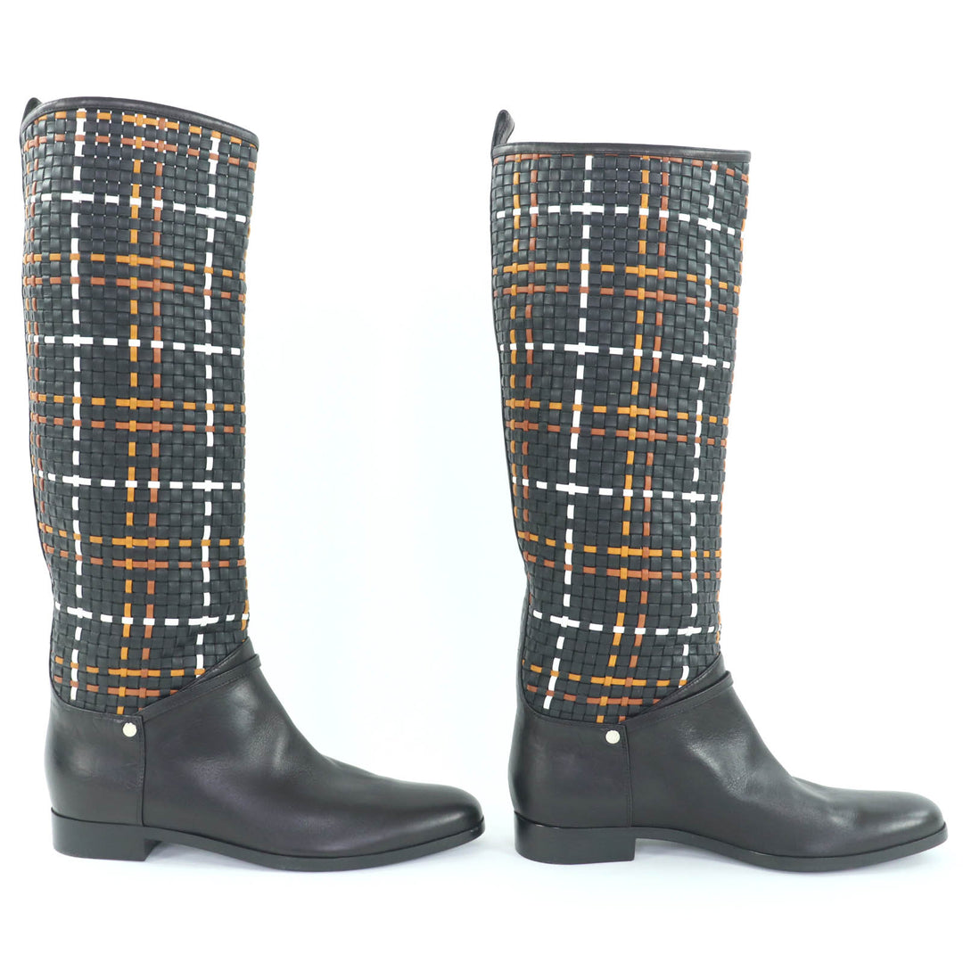 極美品◇HERMES エルメス シルバー金具 セリエボタン 編み込みデザイン レザー ロングブーツ 黒 37.5 保存袋付き イタリア製 レディース