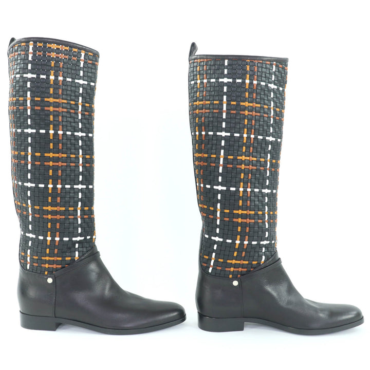 極美品◇HERMES エルメス シルバー金具 セリエボタン 編み込みデザイン レザー ロングブーツ 黒 37.5 保存袋付き イタリア製 レディース