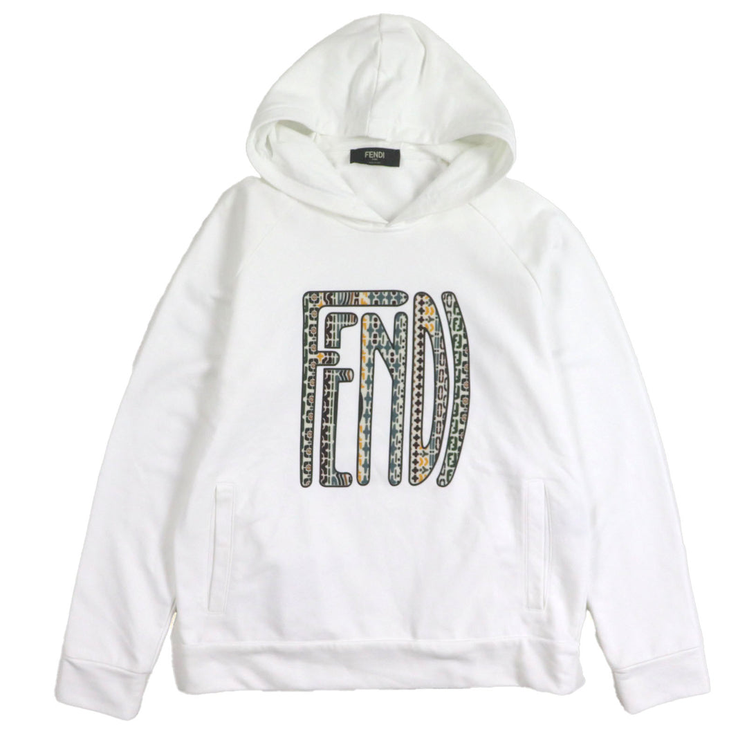 極美品▼FENDI フェンディ 2020年製 FAF595 ロゴプリント ロングスリーブ プルオーバー パーカー ホワイト L イタリア製　正規品 メンズ
