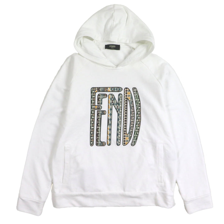 極美品▼FENDI フェンディ 2020年製 FAF595 ロゴプリント ロングスリーブ プルオーバー パーカー ホワイト L イタリア製　正規品 メンズ