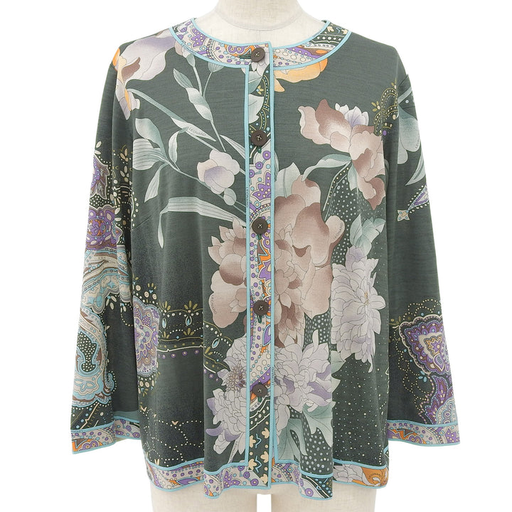 美品▲LEONARD FASHION レオナール ファッション 349153 ウール シルク 花柄 ペイズリー柄 長袖 カーディガン LL 日本製 正規品 レディース