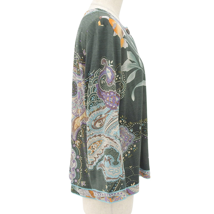 美品▲LEONARD FASHION レオナール ファッション 349153 ウール シルク 花柄 ペイズリー柄 長袖 カーディガン LL 日本製 正規品 レディース