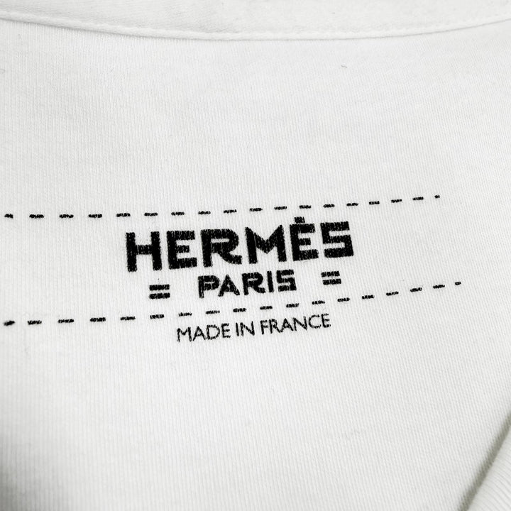 美品▼HERMES エルメス コットン100% Vネック 刺繍 胸ポケット ショートスリーブ 半袖Ｔシャツ ホワイト 34 仏製 正規品 レディース