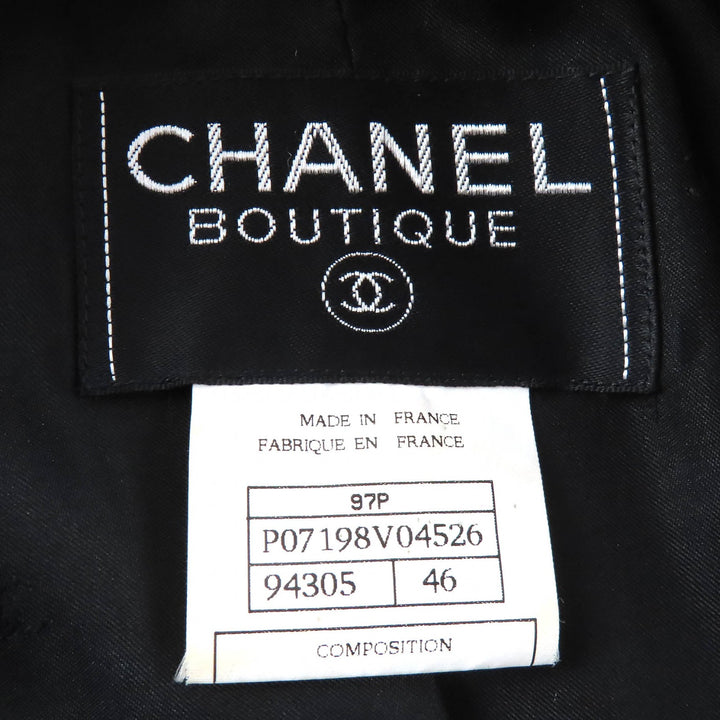 美品△CHANEL シャネル ヴィンテージ 97P P07198 ウール100% 裏地ココマーク総柄 ロゴボタン ダブルブレスト ジャケット 希少サイズ46 黒