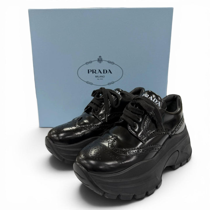 美品☆PRADA プラダ ウィングチップ メダリオン レースアップ レザーシューズ スニーカー ブラック 36 イタリア製 レディース 箱付き