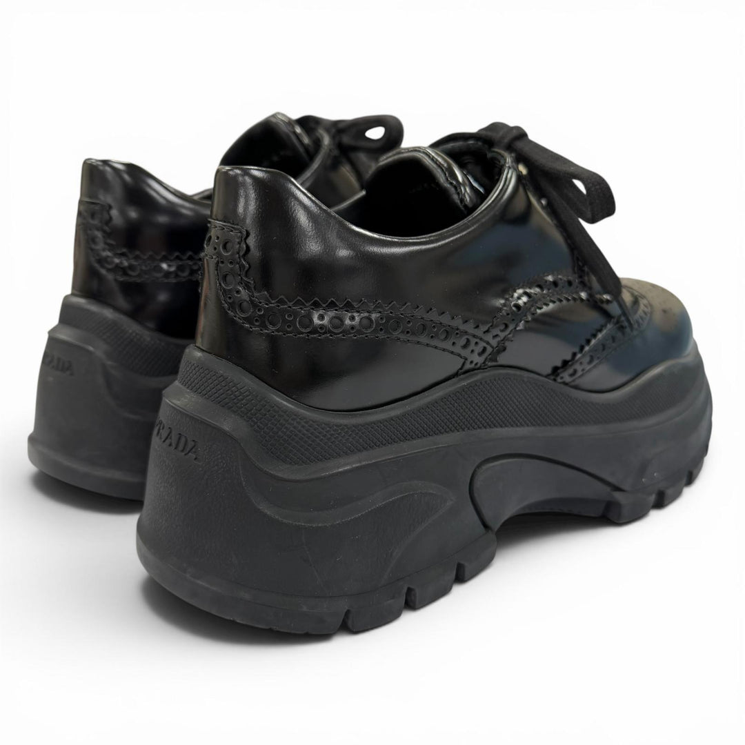 美品☆PRADA プラダ ウィングチップ メダリオン レースアップ レザーシューズ スニーカー ブラック 36 イタリア製 レディース 箱付き