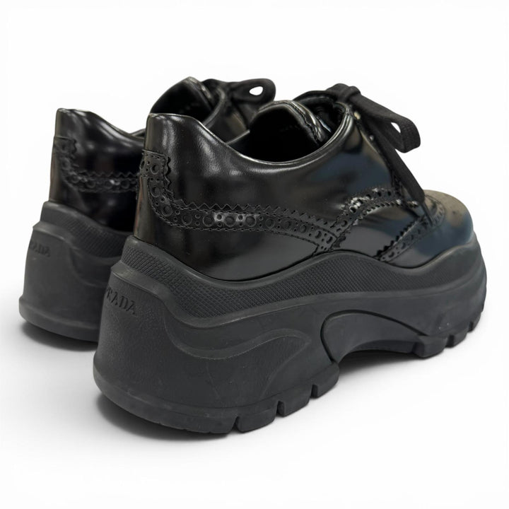 美品☆PRADA プラダ ウィングチップ メダリオン レースアップ レザーシューズ スニーカー ブラック 36 イタリア製 レディース 箱付き