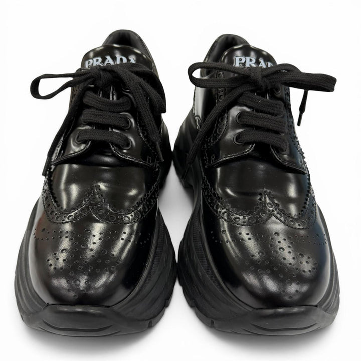 美品☆PRADA プラダ ウィングチップ メダリオン レースアップ レザーシューズ スニーカー ブラック 36 イタリア製 レディース 箱付き