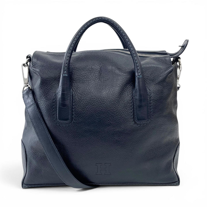 美品▲HIROFU ヒロフ デュオ レザー 2WAY ショルダーバッグ トートバッグ ダークネイビー イタリア製 レディース 保存袋付き