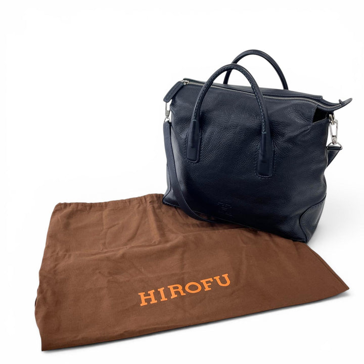 美品▲HIROFU ヒロフ デュオ レザー 2WAY ショルダーバッグ トートバッグ ダークネイビー イタリア製 レディース 保存袋付き