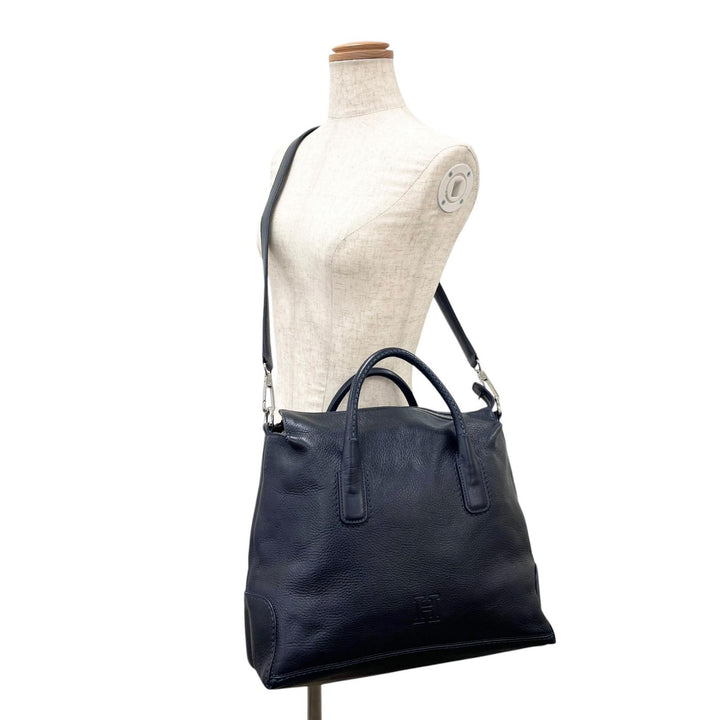 美品▲HIROFU ヒロフ デュオ レザー 2WAY ショルダーバッグ トートバッグ ダークネイビー イタリア製 レディース 保存袋付き