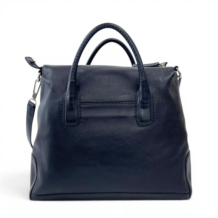 美品▲HIROFU ヒロフ デュオ レザー 2WAY ショルダーバッグ トートバッグ ダークネイビー イタリア製 レディース 保存袋付き