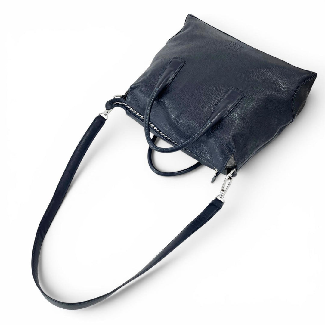 美品▲HIROFU ヒロフ デュオ レザー 2WAY ショルダーバッグ トートバッグ ダークネイビー イタリア製 レディース 保存袋付き