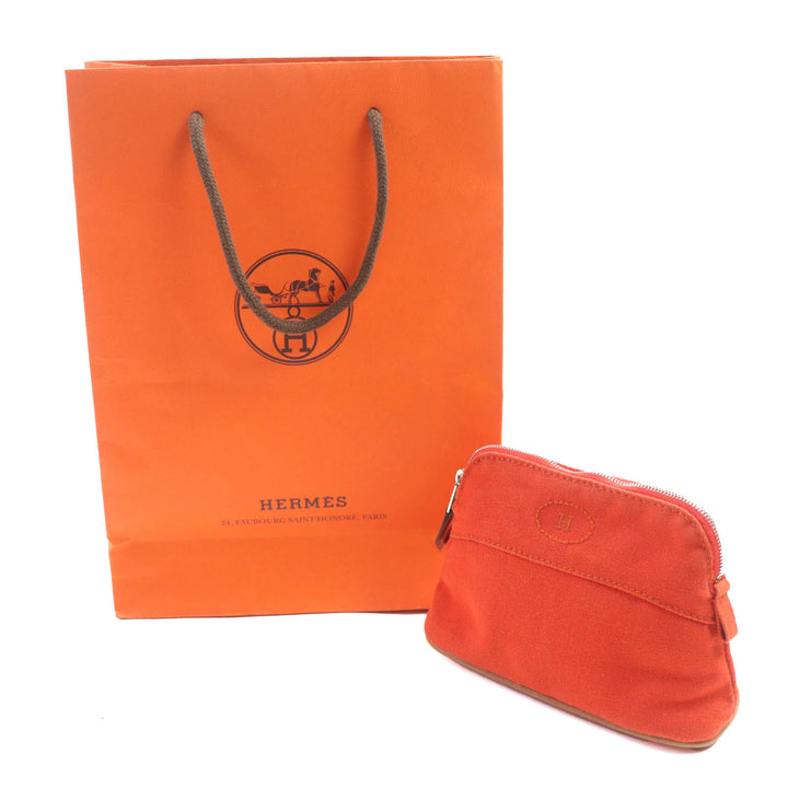 美品◇HERMES エルメス ボリードポーチ ミニミニ コットン100% Hロゴ刺繍 レザー使い 化粧ポーチ ミニ ポーチ オレンジ フランス製