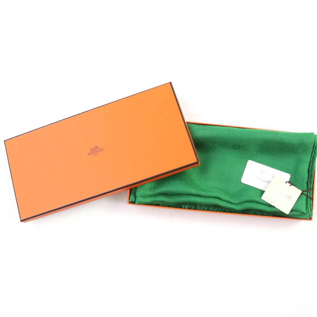 未使用品☆HERMES エルメス SELLIER カシミヤ シルク フリンジ 大判ショール ストール スカーフ グリーン 箱付き イタリア製 レディース