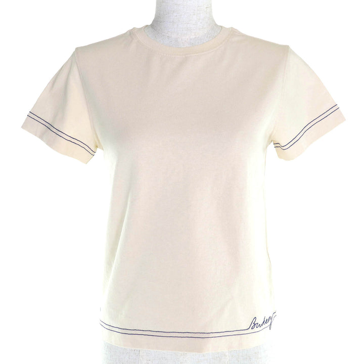 未使用品△BURBERRY バーバリー 8090641 コットン100% ロゴ刺繍 ステッチデザイン クルーネック 半袖Ｔシャツ ベージュ ブルー XS 正規品