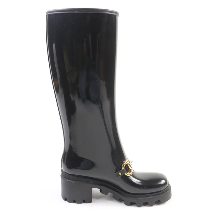極美品☆GUCCI グッチ 659707 ホースビット ラバー ロングブーツ レインシューズ ブラック ゴールド金具 36 イタリア製 レディース