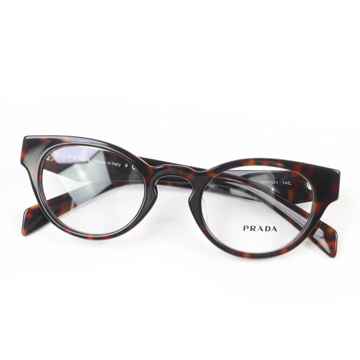 極美品☆PRADA プラダ VPRA11-D ロゴ入り メガネ 眼鏡 アイウェア ブラウン マーブル 49□22 デモレンズ ケース付 イタリア製 レディース