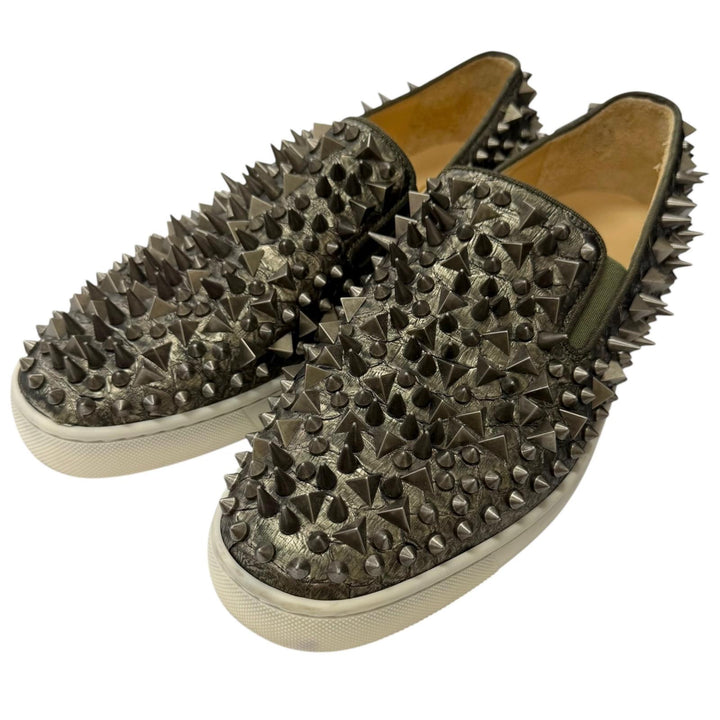 【ドンドン見直し】美品□クリスチャンルブタン Roller Boat Pik Pik Flat レザー パイソン マルチスタッズ スリッポン 41.5 EU製 メンズ