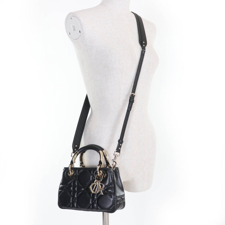 極美品☆Christian Dior クリスチャンディオール カナージュ レディ 95.22 ミニ ラムスキン 2WAYハンド ショルダーバッグ ブラック